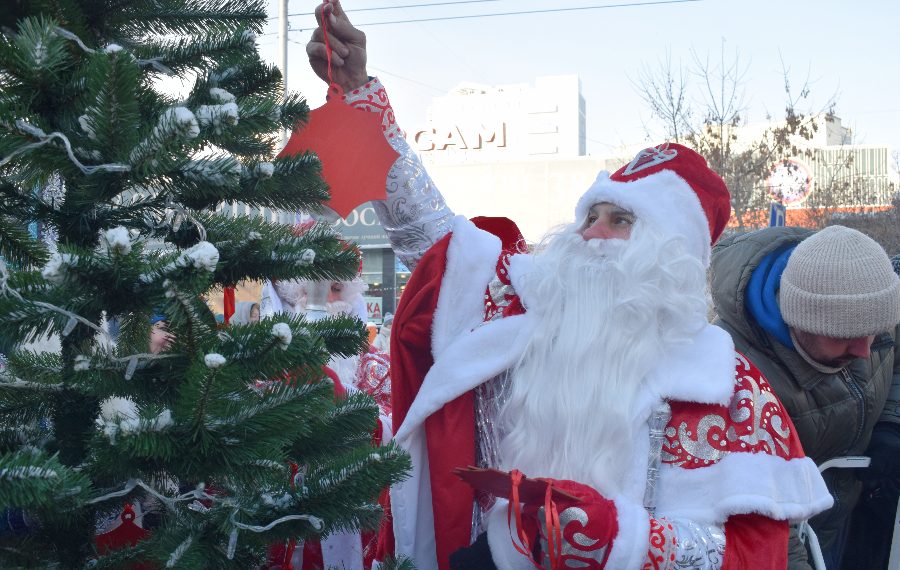 Шары, восьмиконечные звезды и ботинок повесили на елки в центре города новосибирцы вместе с толпой Дедов Морозов