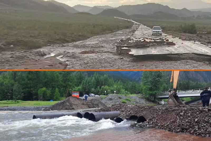 Дождь отправил под воду дороги в Туве