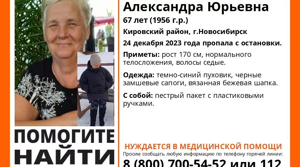 В Новосибирске ищут пропавшую с остановки 67-летнюю пенсионерку с пестрым пакетом