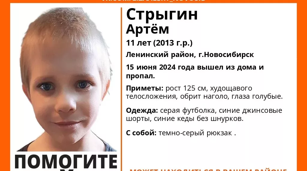 В Новосибирске пропал 11-летний Стрыгин Артем