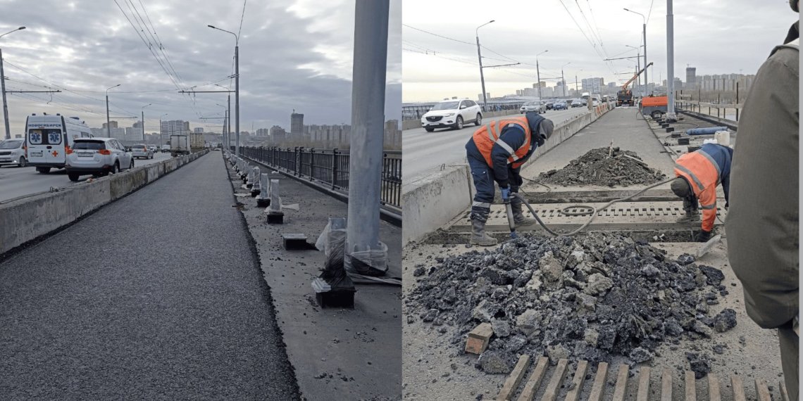 На Октябрьском мосту в Новосибирске завершили укладку асфальта