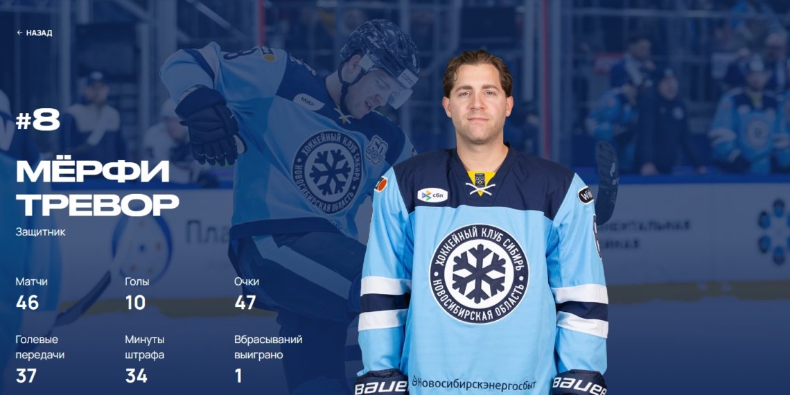 Тревор Мерфи из ХК «Сибирь» стал лучшим игроком недели Чемпионата КХЛ