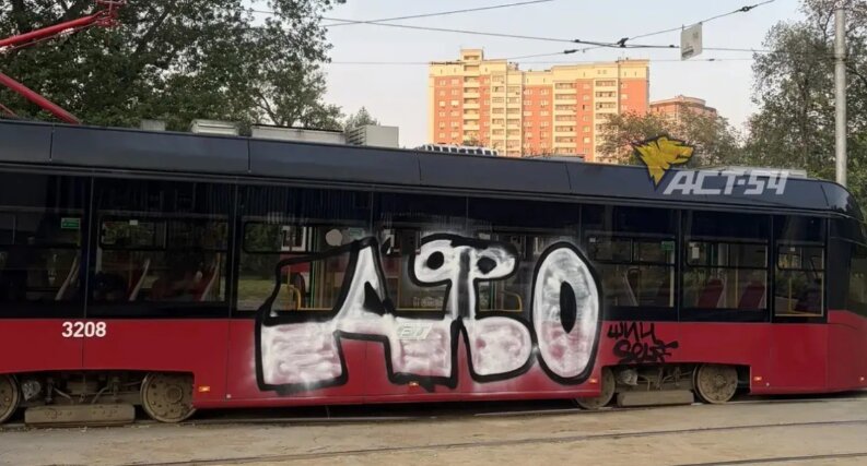 Вандалы в Новосибирске нанесли граффити на трамвай №13
