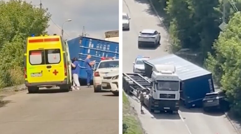 В Новосибирске контейнер с грузовика рухнул на легковой автомобиль: есть пострадавший