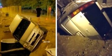 Минивэн пробил ограждение и упал в траншею с трубами на Петухова